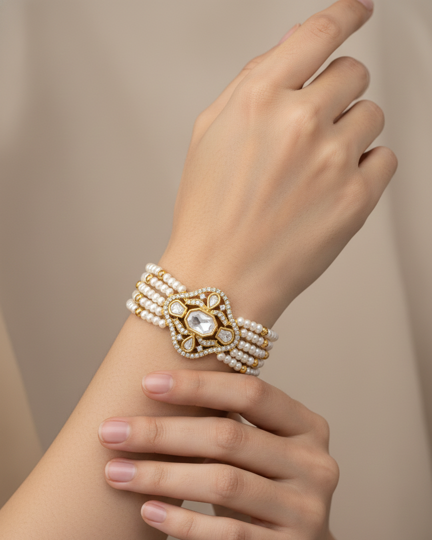Regal Marigold Pearl Kundan Bracelet