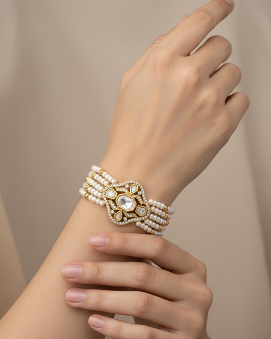 Regal Marigold Pearl Kundan Bracelet