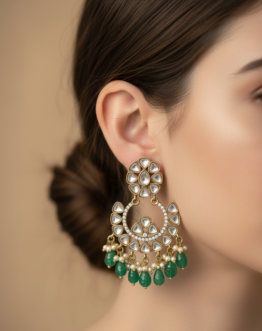 Emerald Blossom Polki Chandbali Earrings