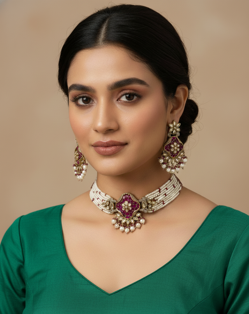 Ruby Blossom Pearl Choker Set