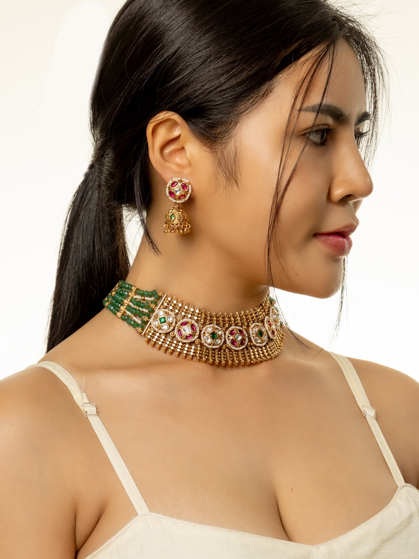 Nisha Beaded with Polki Necklace and Earring Set