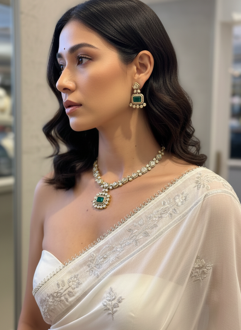 Ira Emerald Polki Halo Necklace Set