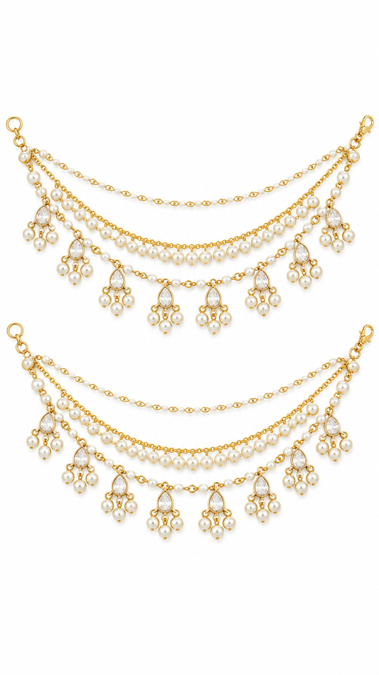 Aabroo Pearl Kundan Ear Chain