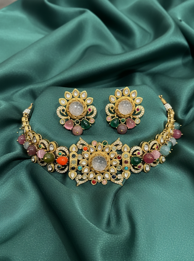 Rajwada Navratna Polki Choker Set