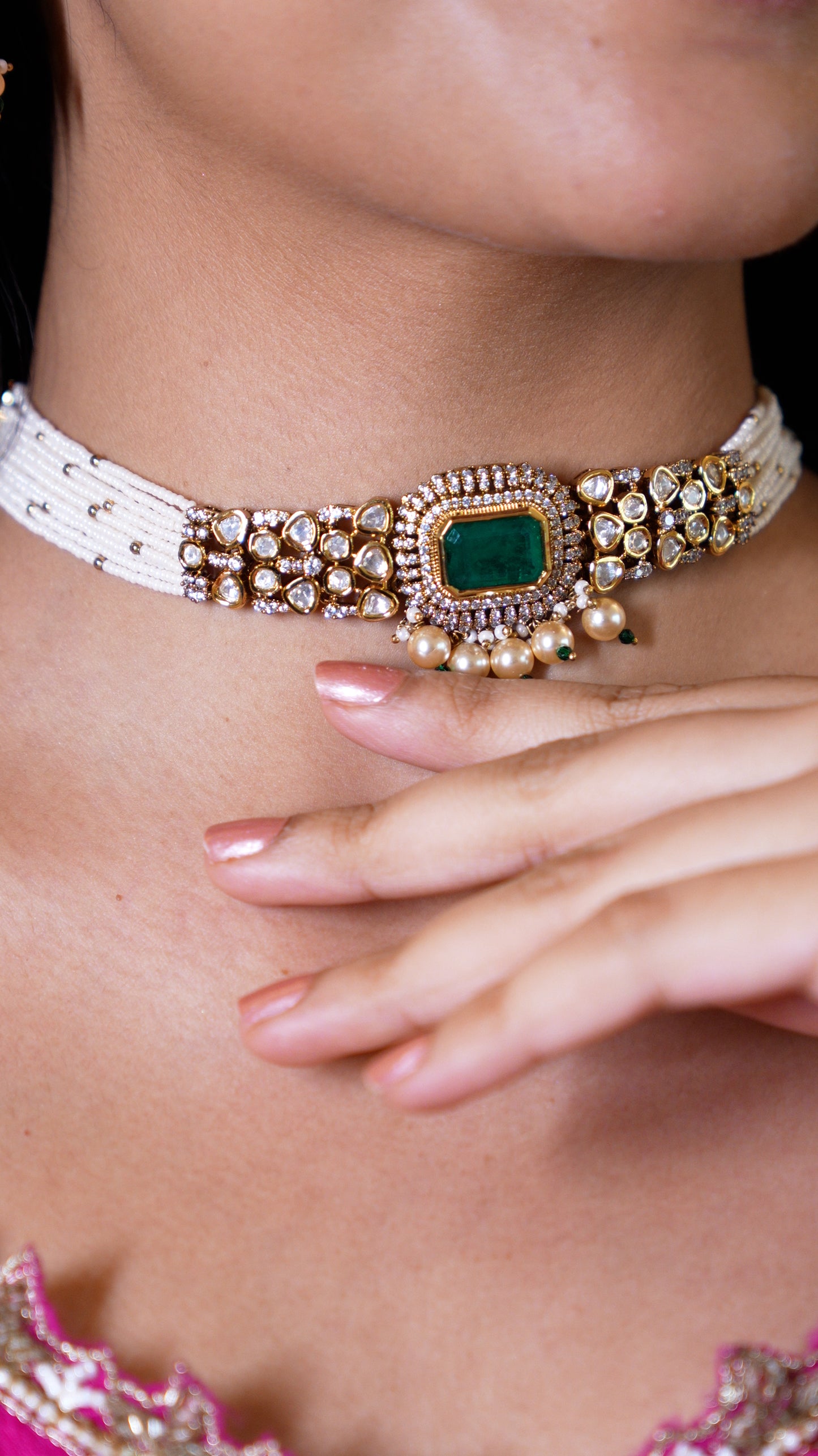 Emerald Kundan Pearl Bridal Choker Set