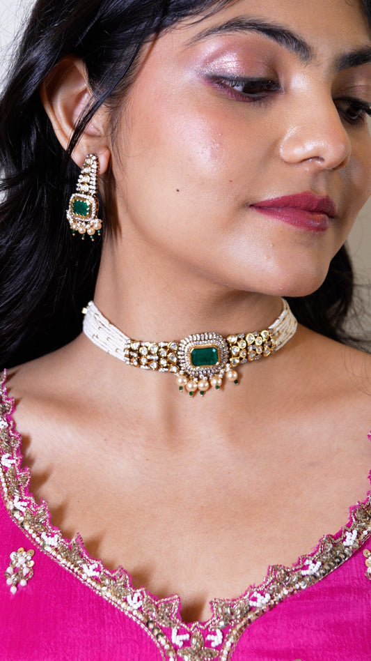 Emerald Kundan Pearl Bridal Choker Set