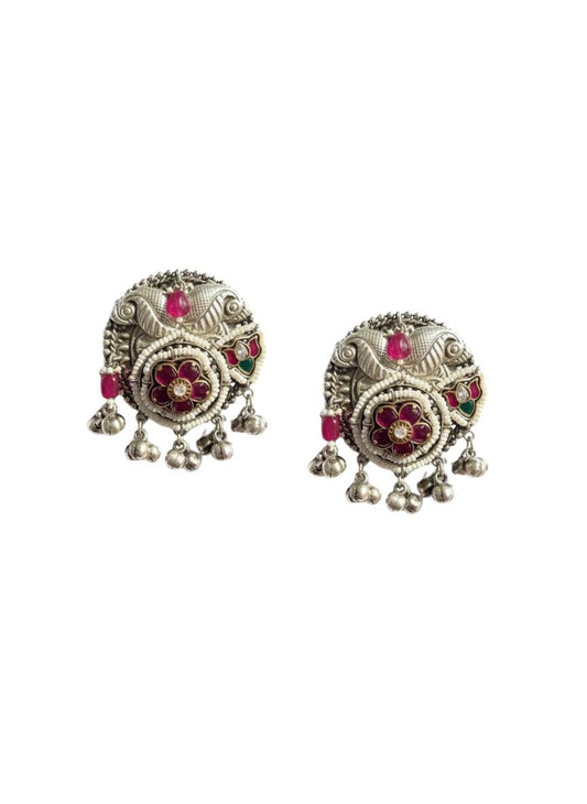Ruby Blossom Silver Drops Earrings