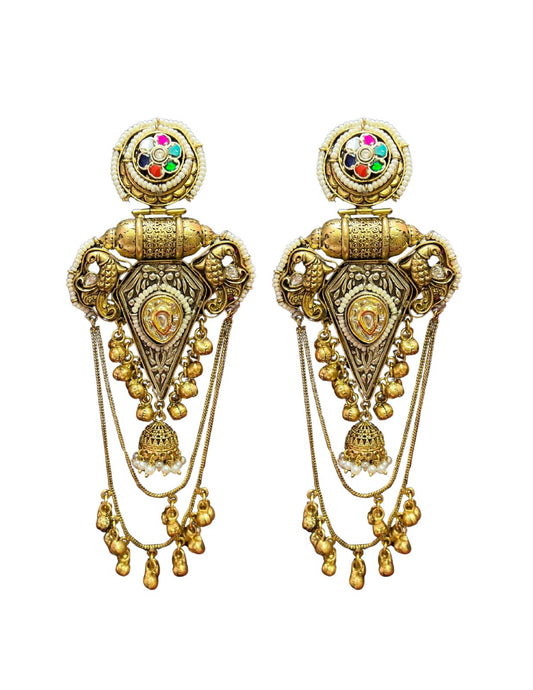 Heritage Navratna Temple Dangler Earrings