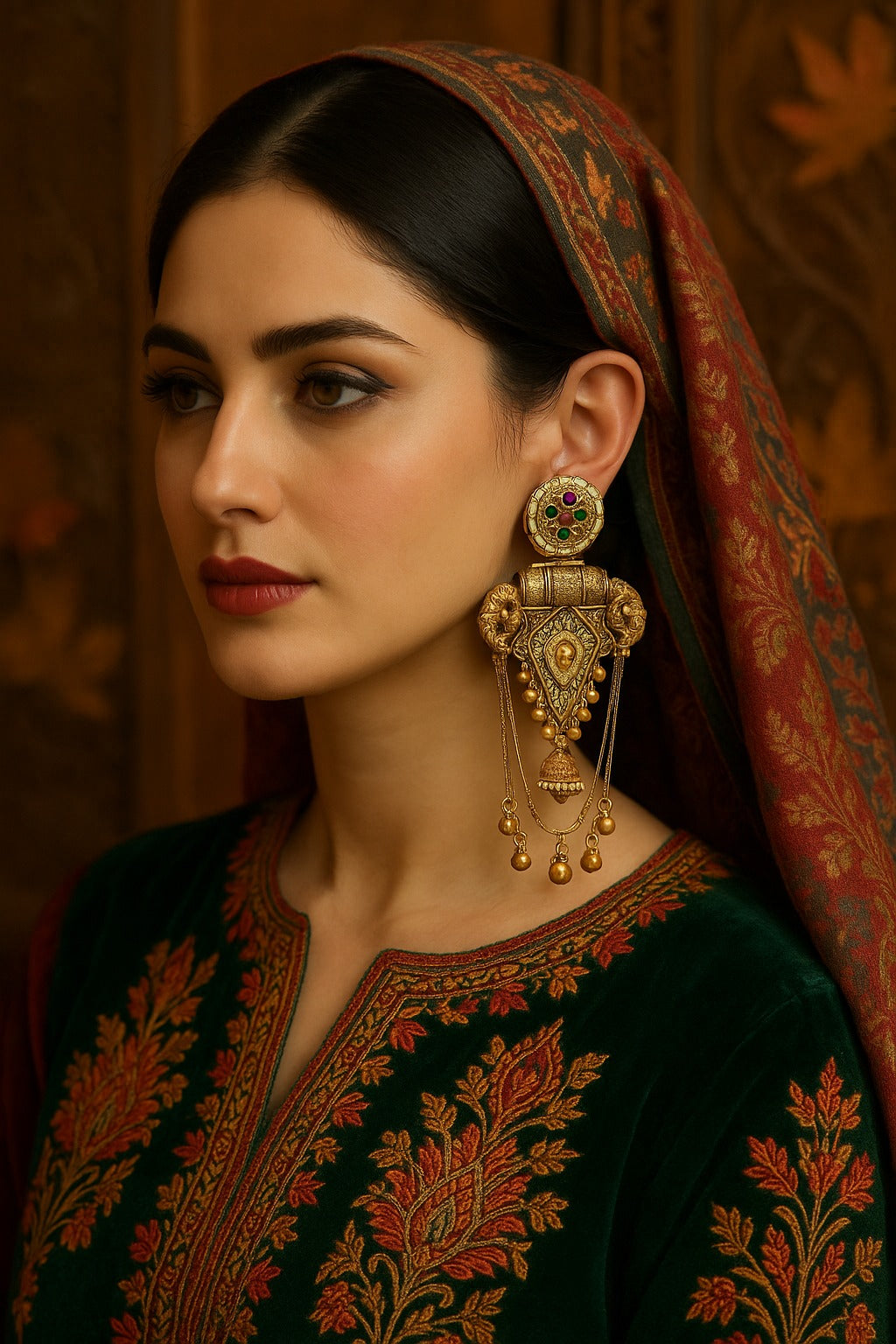 Heritage Navratna Temple Dangler Earrings