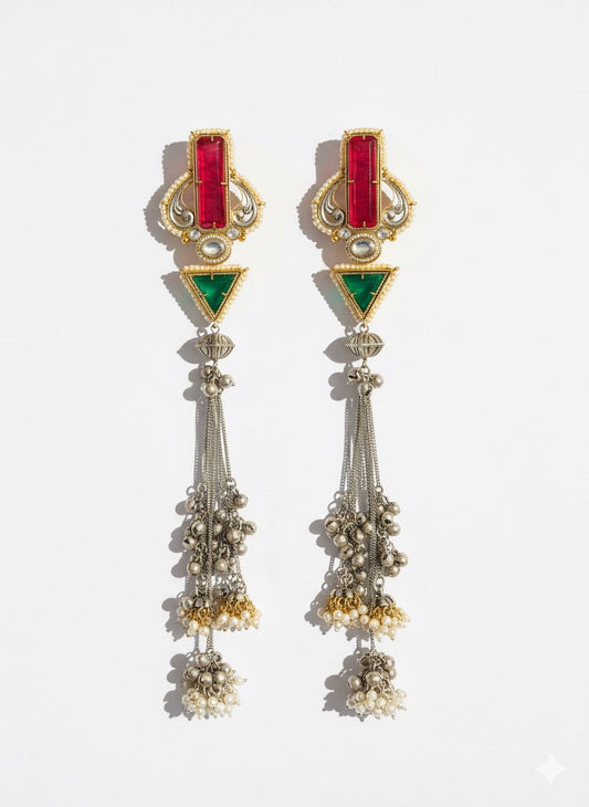 Ruby-Emerald Harmony Tassel Earrings