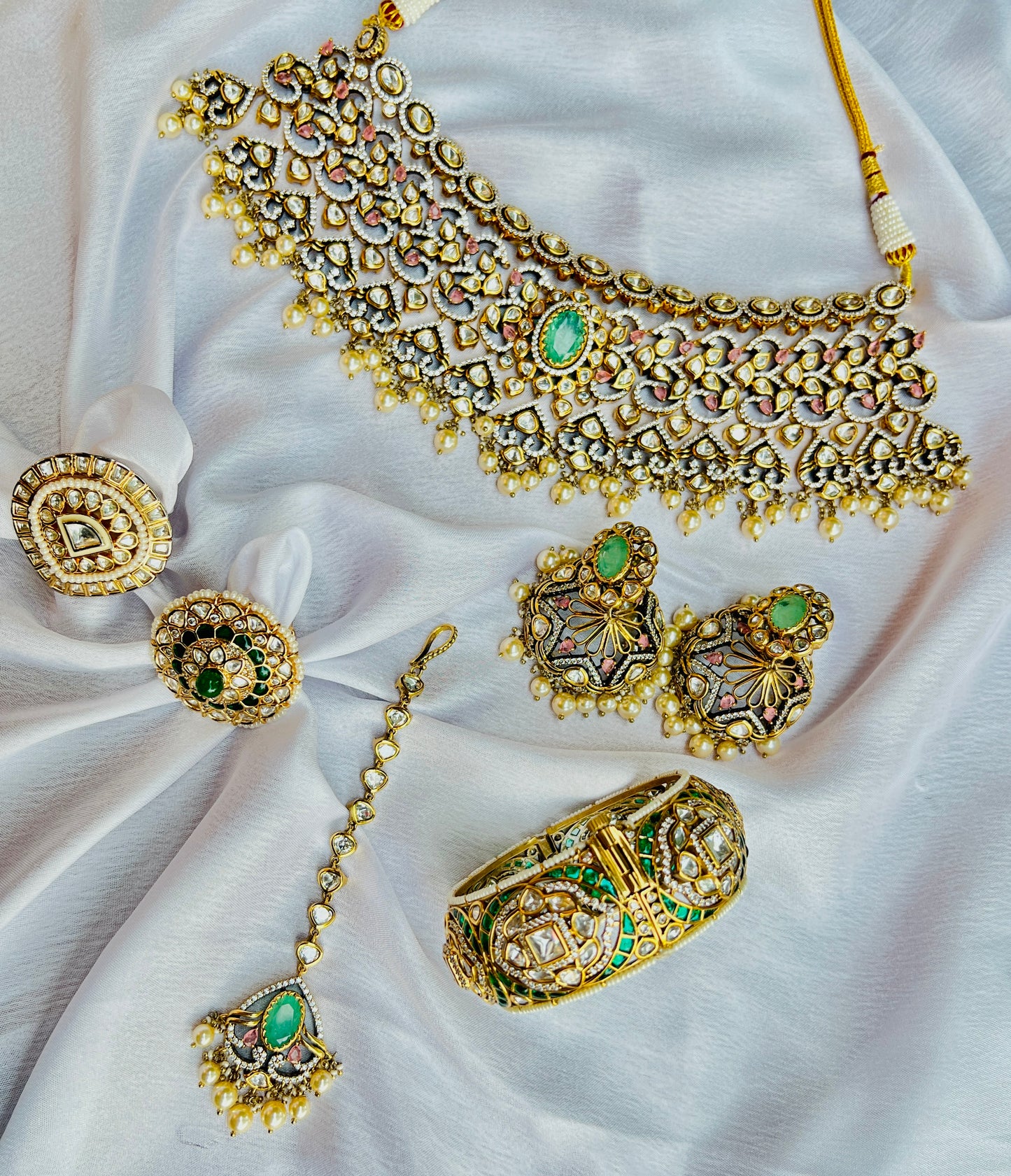 Golden Filigree Polki Kundan Pink and Sea green Drop Necklace Set