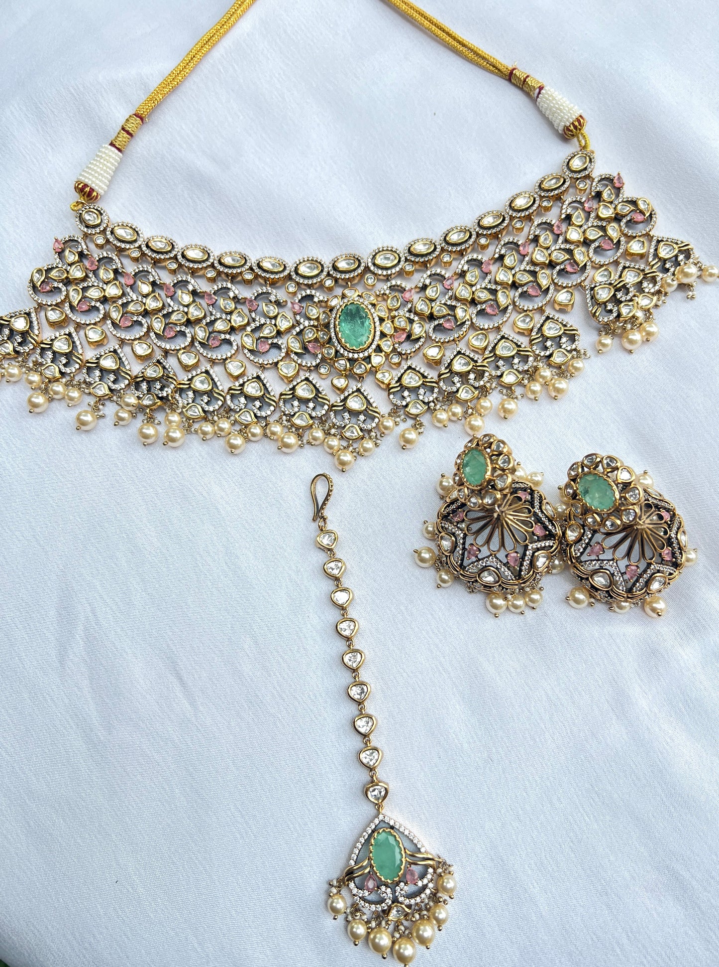 Golden Filigree Polki Kundan Pink and Sea green Drop Necklace Set