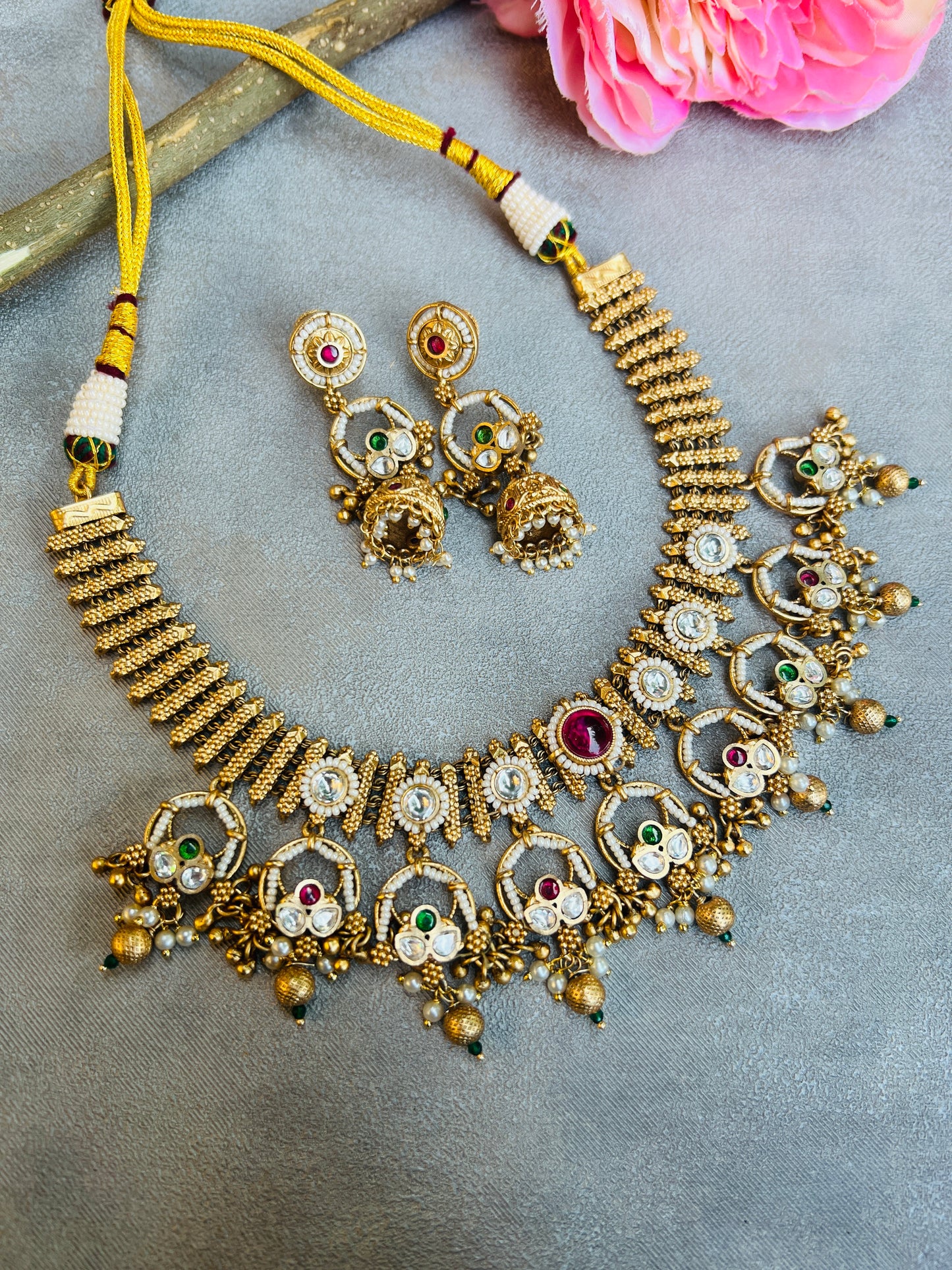 Nidhi Beaded with Polki Necklace and Earring Set