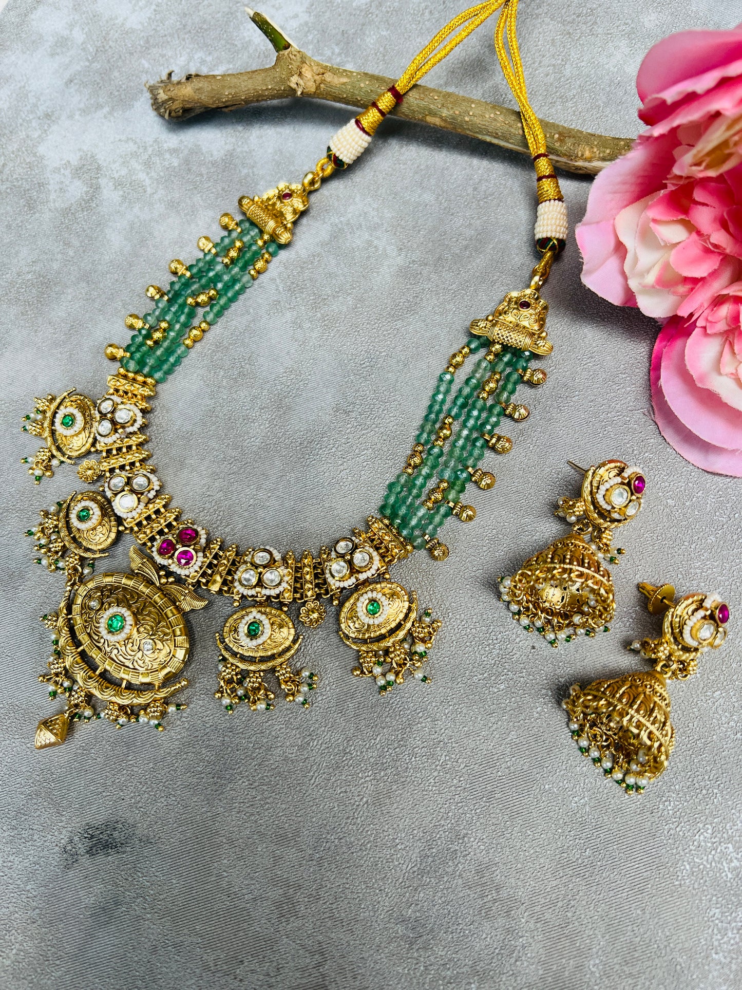 Pragya Beaded with Polki Necklace and Earring Set