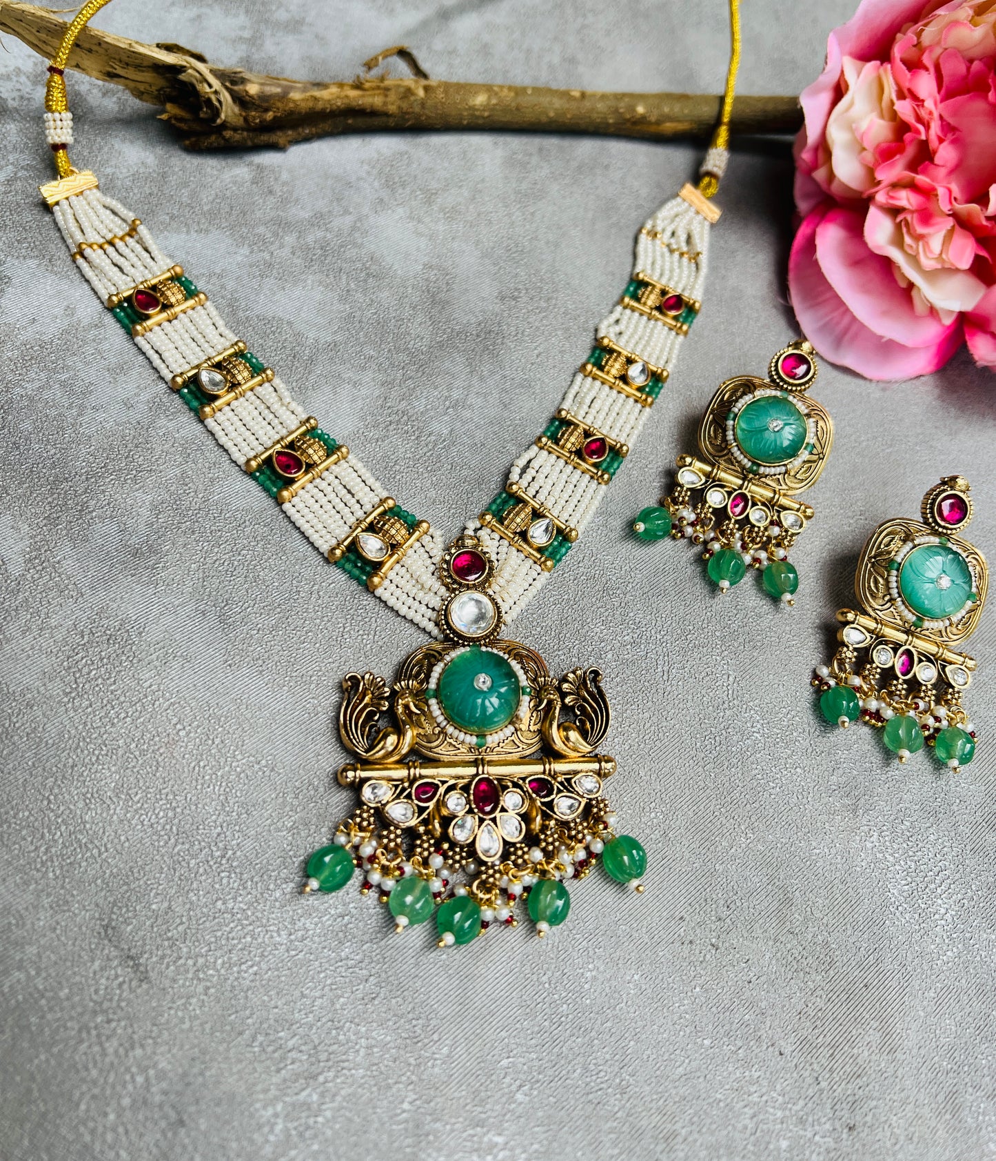 Navya Beaded with Polki Necklace and Earring Set