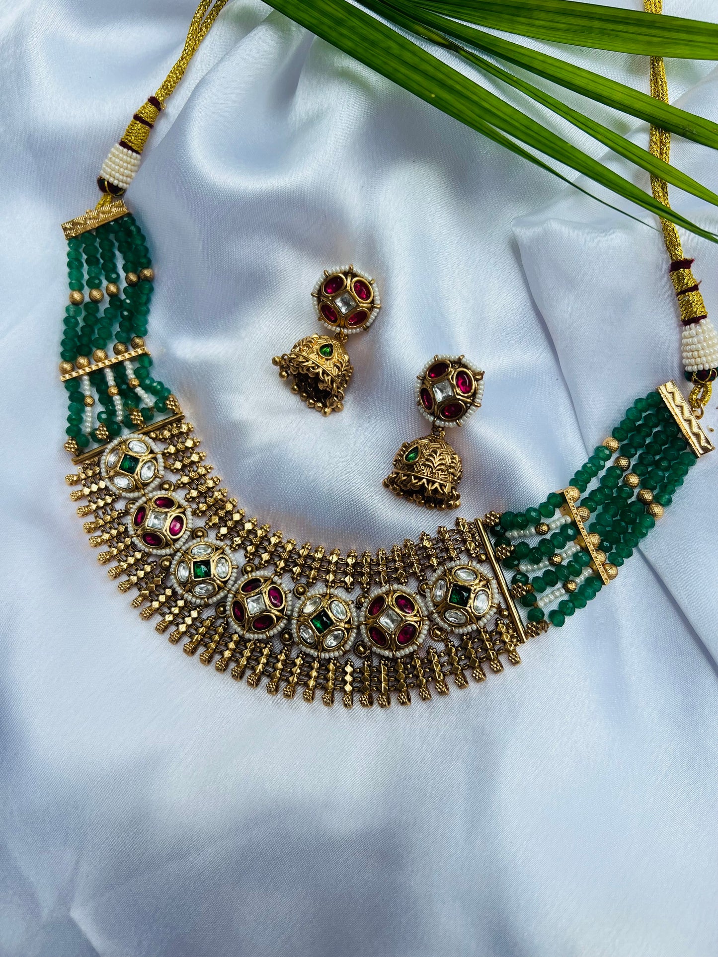 Nisha Beaded with Polki Necklace and Earring Set